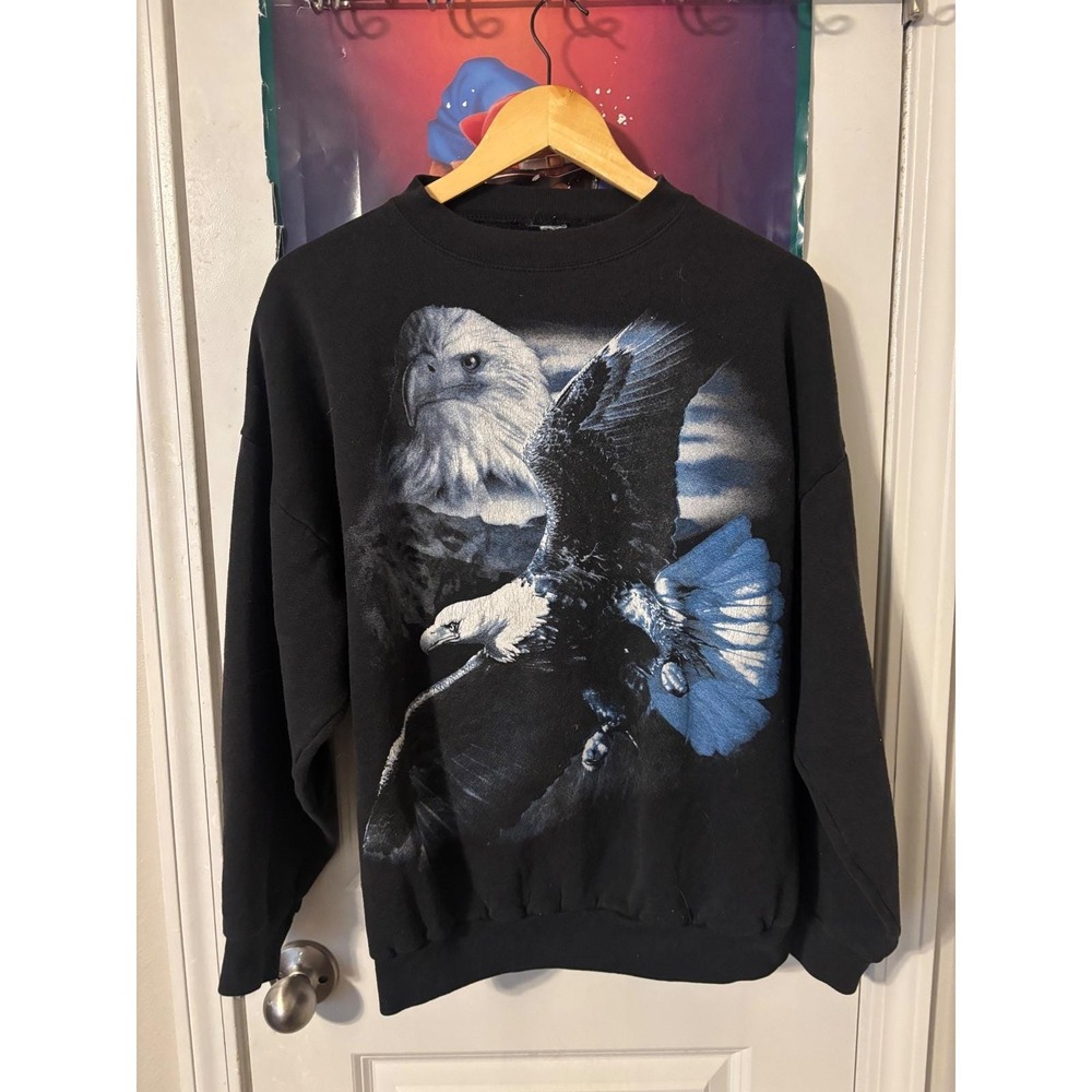 Vintage Bald Eagle Graphic Sweatshirt Mens XL Black Blue Nature Bird Crewneck